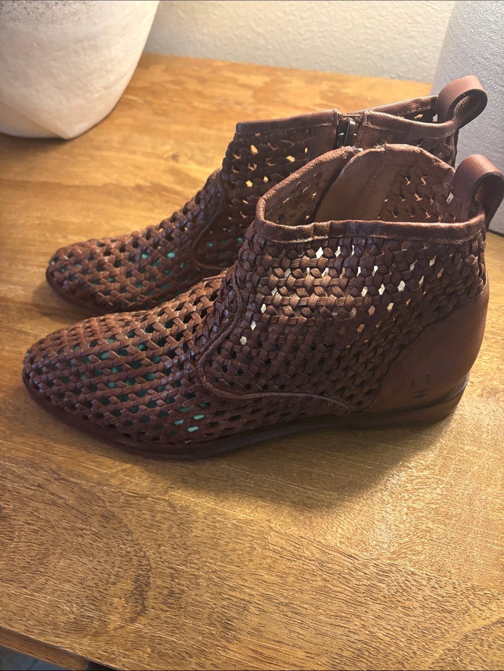 Woven Brown Leather Ankle Booties with Side Zip